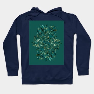 Seasonal branches and berries - green and gold on teal Hoodie